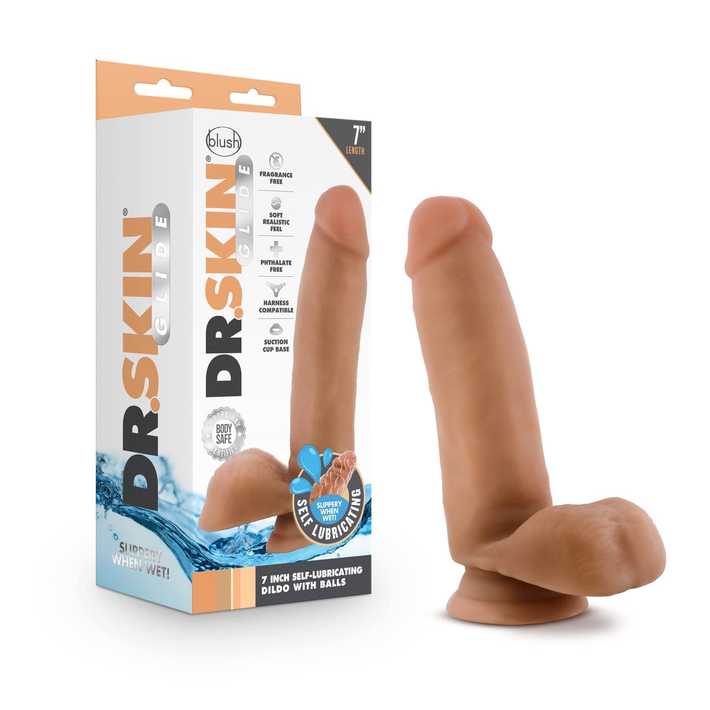 美國Blush Dr. Skin Glide 7 Inch Self Lubricating Dildo with Balls Suction Cup Harness Compatible Body Safe Realistic Look and Feel Sex Toy for Her Him Couples Moch