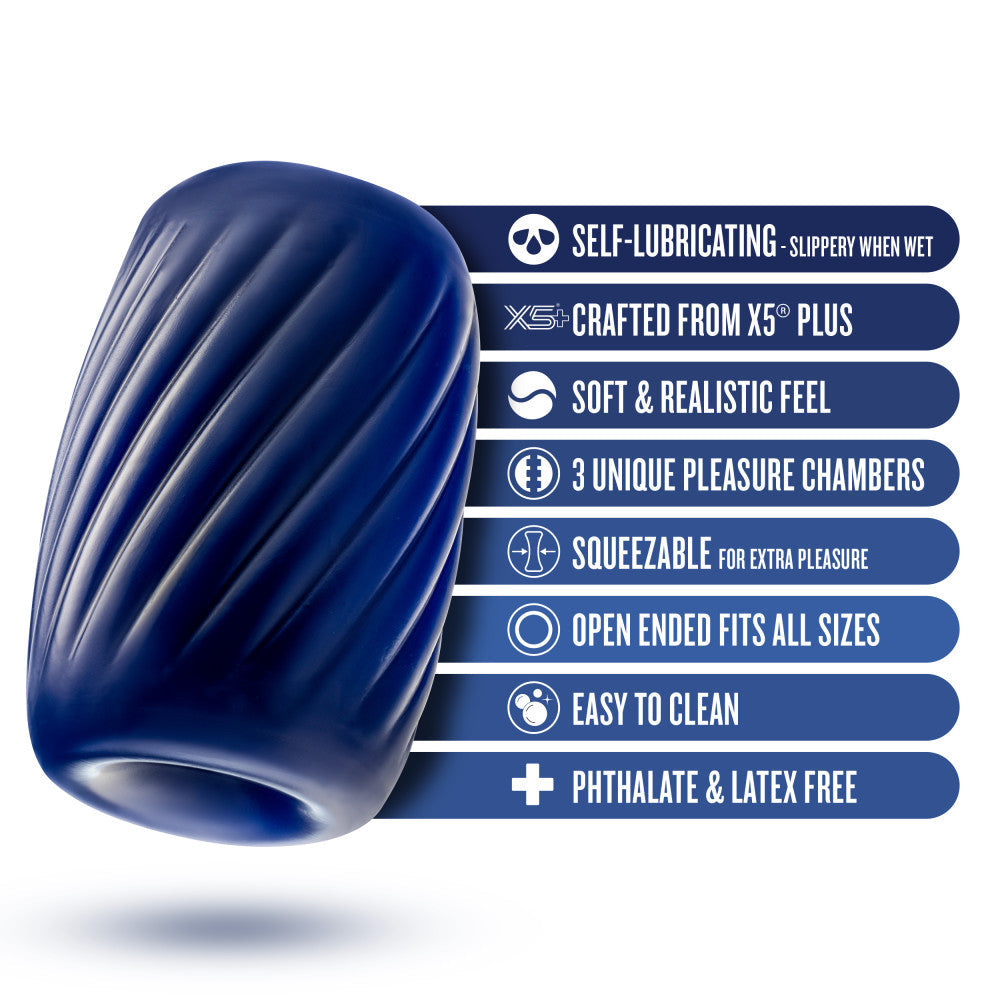 Rize! By Blush | Turbine Self-Lubricating Pocket Stroker - Made With Ultra Soft X5 Plus Material - 3 Erotic Chambers - Blue